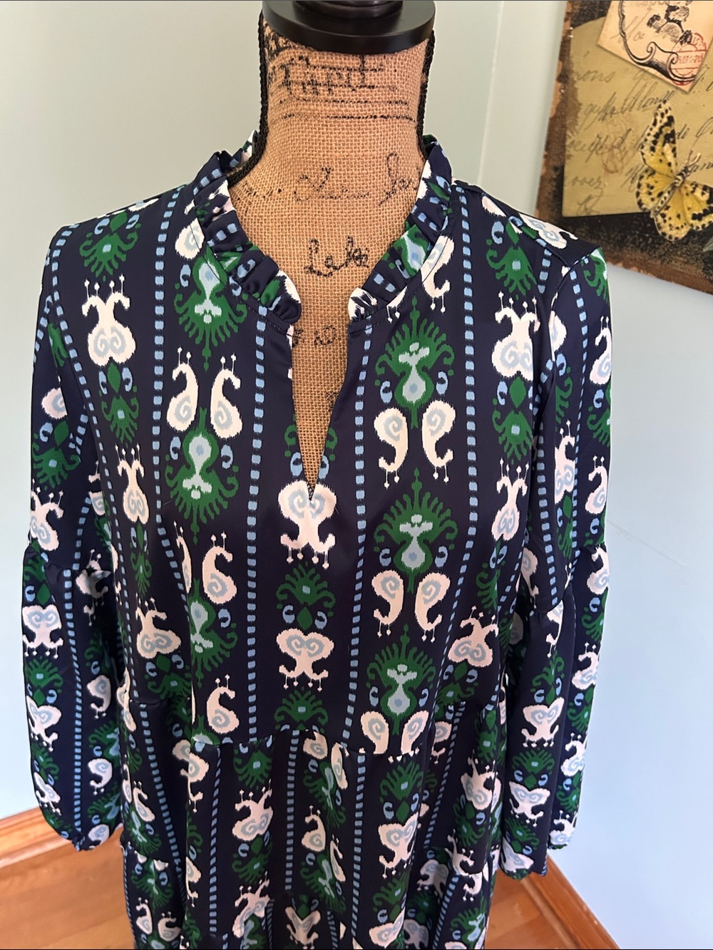 Women’s Navy Green White Printed Midi Dress - Picture 3 of 10